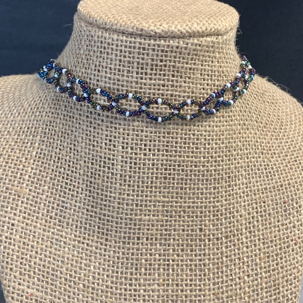 Handmade Iridescent Oil Slick Beaded Infinity Choker Necklace 14 Inch